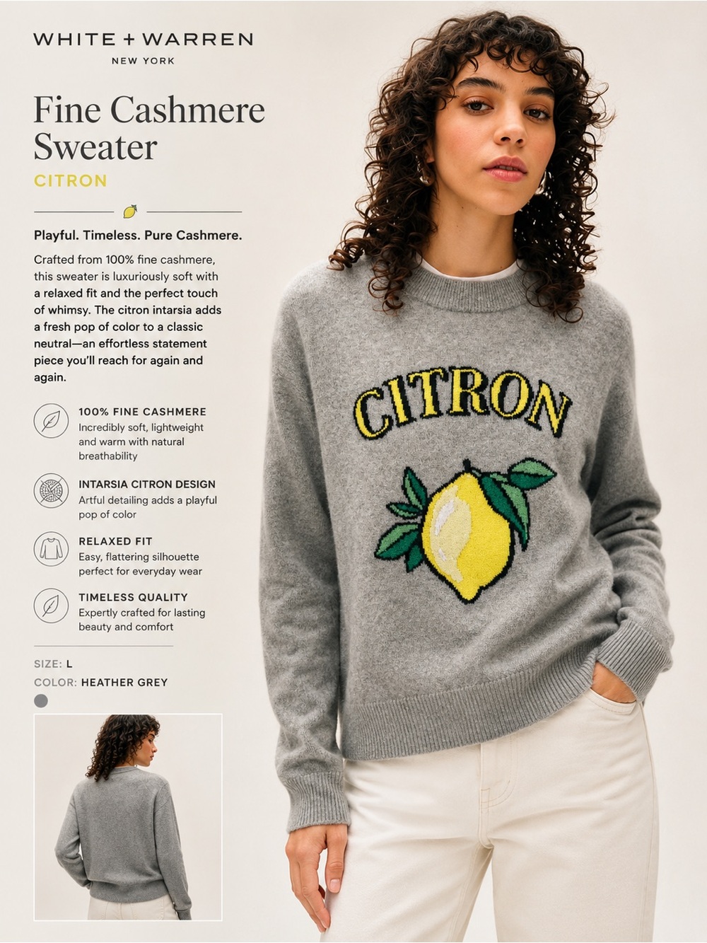 White + Warren Gray Crewneck Sweater with Yellow Lemon Motif